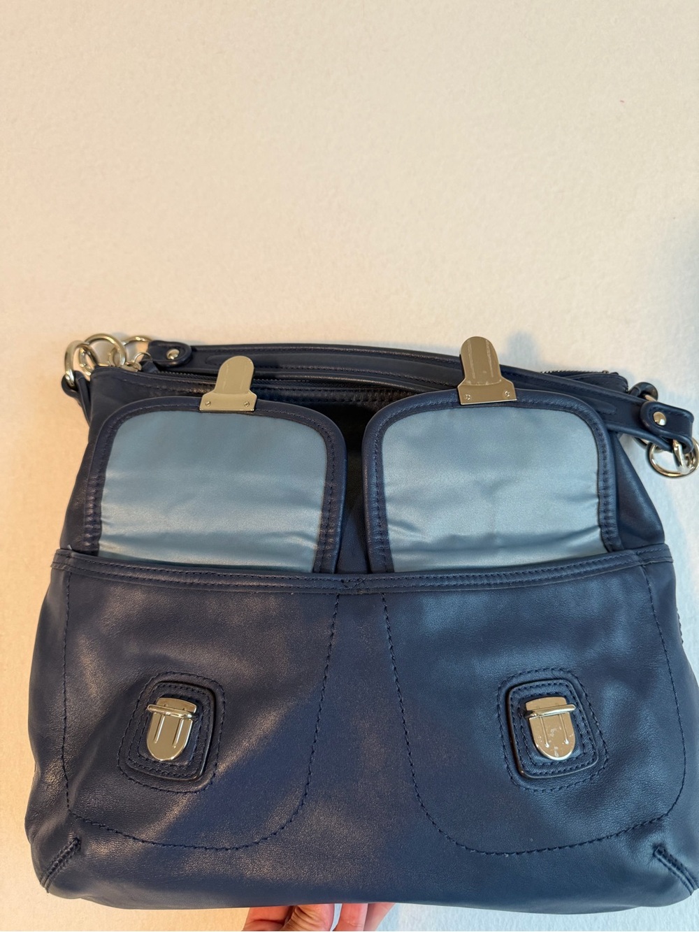 Coach Kristin Navy Cobalt Blue Leather Hobo Bag F23681 Push Lock Pockets - Picture 11 of 16